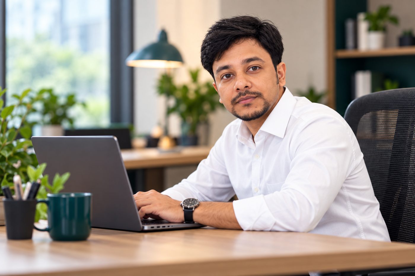 Nazmus Shafayat working on an SEO audit at his laptop